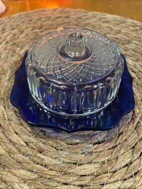 Clear Glass Butter Dish with Deep Blue Base